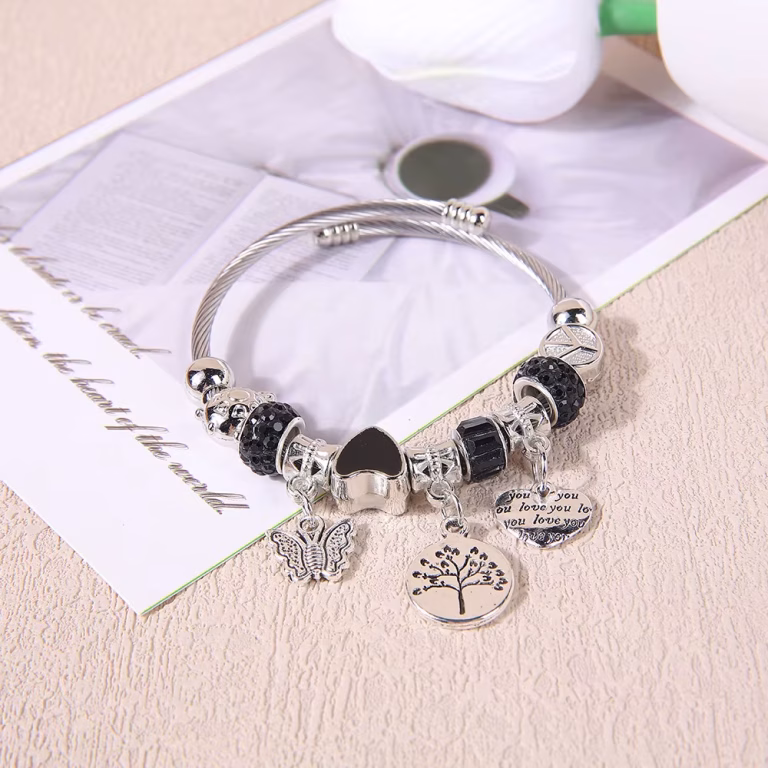 Sterling Silver Star and Heart Charm Bracelet Black