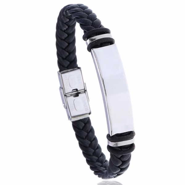 men's braided black PU leather stainless steel bracelet (black)